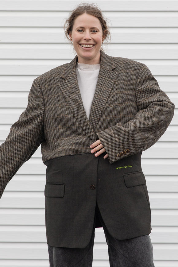 tweed blazer wtih green bottom, raw edges, upcycled in canada