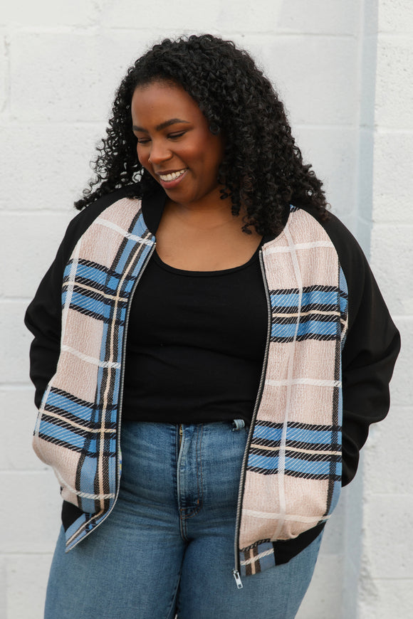 upcycled jacket, table clothing turned into bomber jacket, handmade in canada, blue black plaid