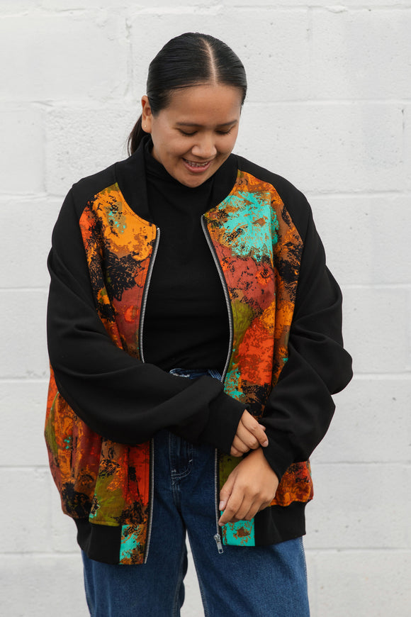 upcycled scrap fabirc, fall floral bomber jacket, handmade in Canada, chic fall accessory