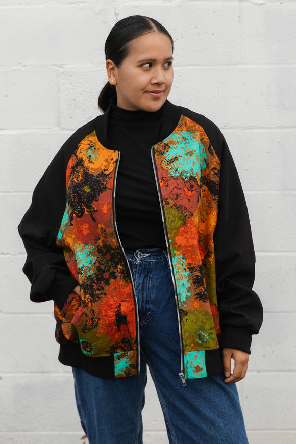 upcycled scrap fabirc, fall floral bomber jacket, handmade in Canada, chic fall accessory