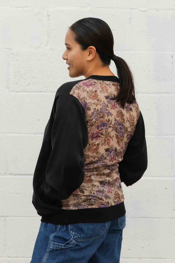 v-neck shirt with long sleeves and pockets featuring a silky floral back detail, handmade in canada