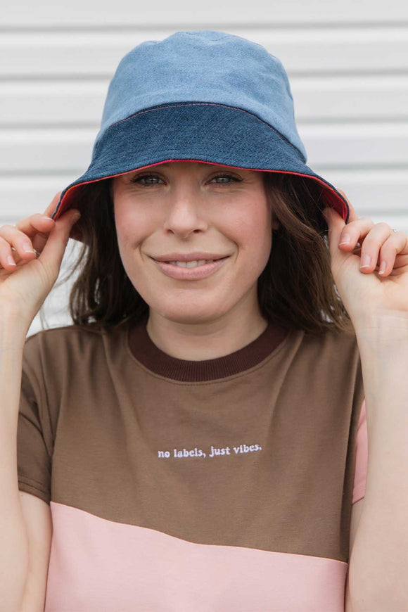 tie dyed and bleached bucket hats, reversible to neutral, made with repurposed denim and handmade in Canada