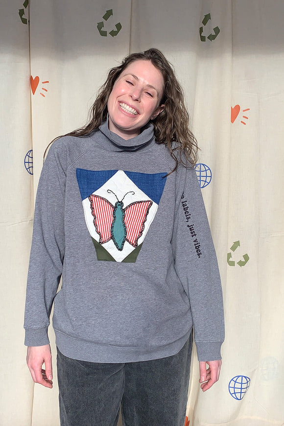 grey turtleneck with stunning quilted butterfly, repurposed and upcycled in caanda
