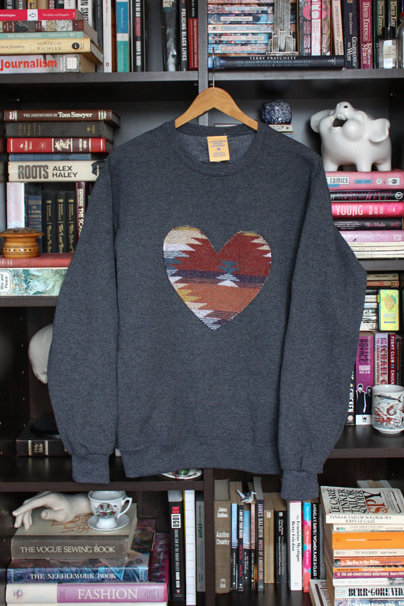 heart sweater, upcycled fabric, donated fabric, mini tipi, sewn in ottawa