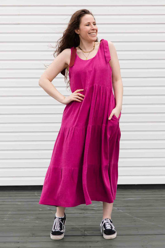 hot pink cotton/linen dress,  gathered waist, flowing summer dress with pockets. made in canada