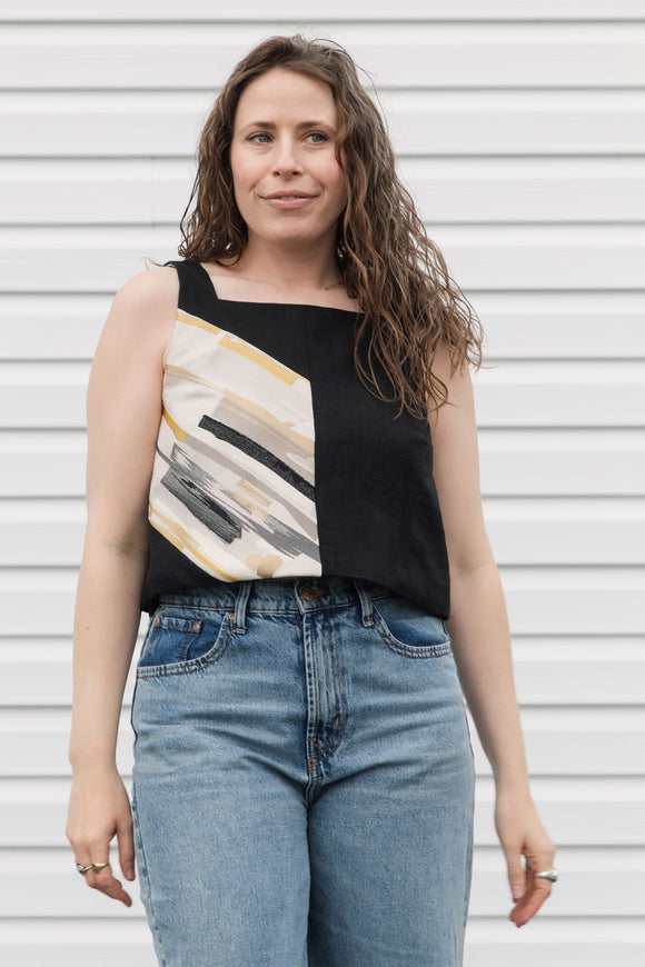 upcycled linen top, black featuring gold, grey and cream, made in canada, summer top
