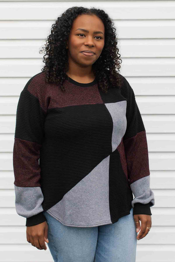 patchwork sweater, oversized comfy style, plum, black and steel blue colour, upcycled scrap fabric sweater, made in Canada