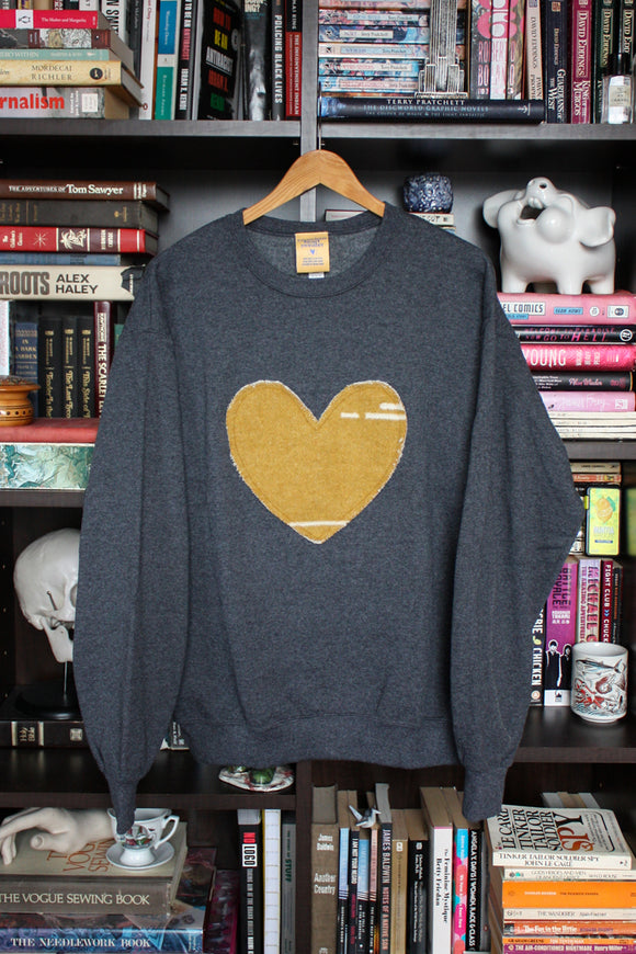 mini tipi fabric, upcycling, heart sweater, inspired by honey, handsewn in canada, mustard heart, charcoal sweater