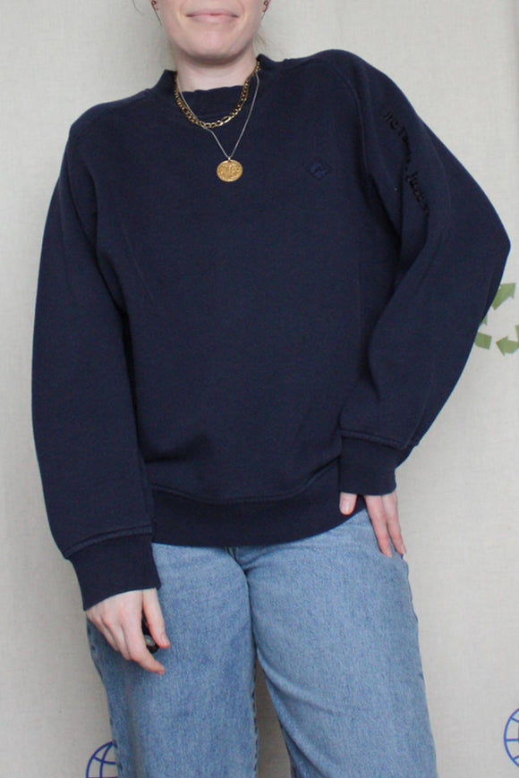 navy crewneck sweater with no labels just vibes embroidered