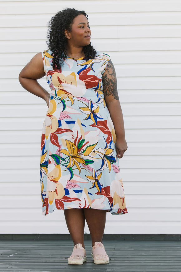 colourful floral print dress, with a-line cut and tea-length skirt. Handmade in Canada