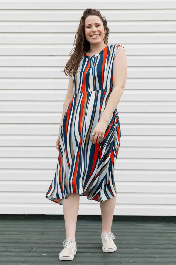 blue, white and orange striped dress with a-line shape and tea-length skirt, handmade in Canada