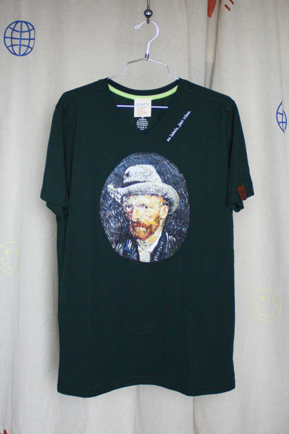 green v-neck tee with van gogh image, upcycled clothing, thrifted fashion, no labels, just vibes