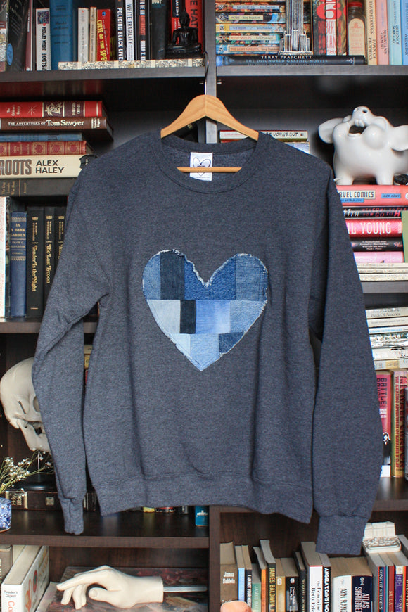 denim patchwork heart, charcoal sweater, scrap fabric, eco-friendly, hand stitched in Ottawa