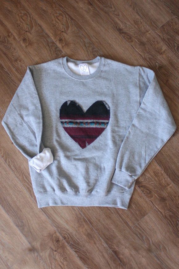 mini tipi scrap fabric heart sweater, upcycled oversized sweater, hand stitched in ottawa