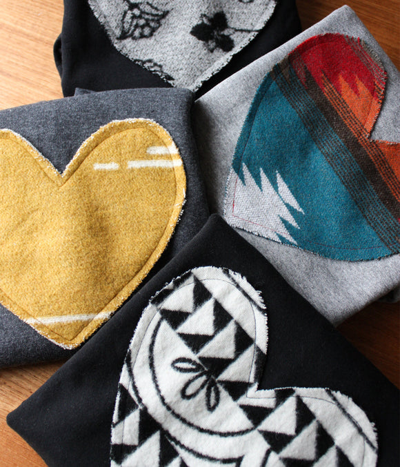 heart sweaters made with scrap fabric, cozy, comfy and eco-conscious sweaters