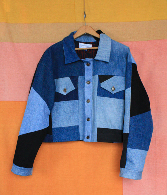 patchwork denim jacket, bags and hats