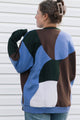 A woman wearing a color-block knit sweater, shown from the back. The sweater features large geometric panels in light blue, dark green, brown, and white.