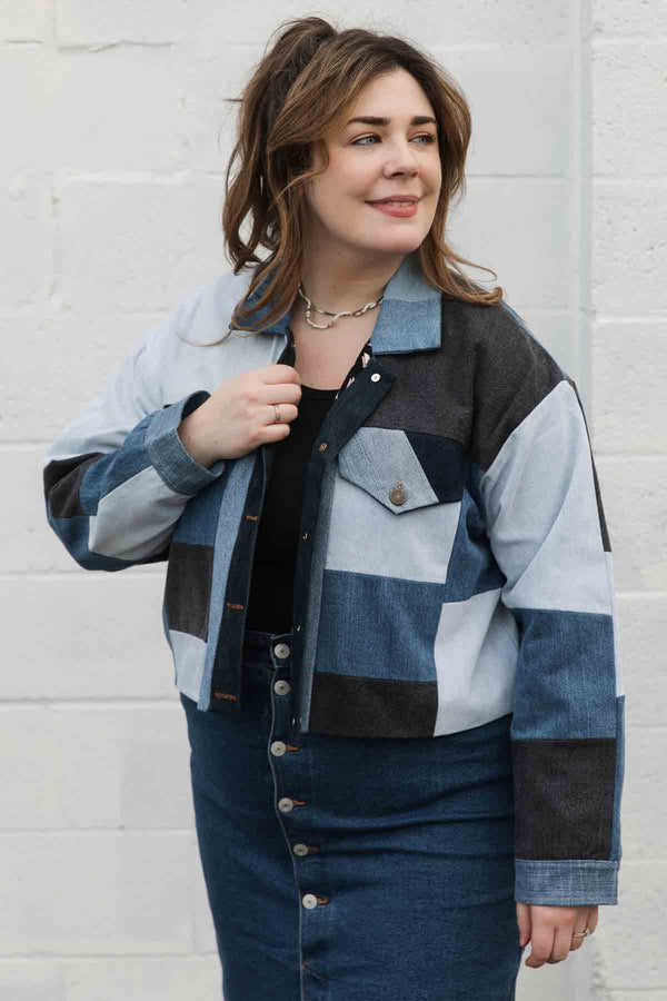 recycled denim, patchwork denim jacket, jean jacket, handmade patchwork, boxy oversized, Canadian tuxedo, locally made, secondhand first, handmade in Ottawa