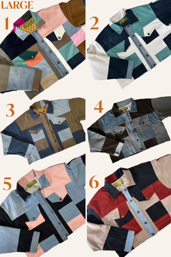 Six patchwork button-up shirts in different colorways, arranged in a 2x3 grid on a light beige background with the word 'LARGE' in the top left and numbered 1 through 6.