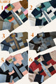 Six patchwork button-up shirts in different colorways, arranged in a 2x3 grid on a light beige background with the word 'LARGE' in the top left and numbered 1 through 6.