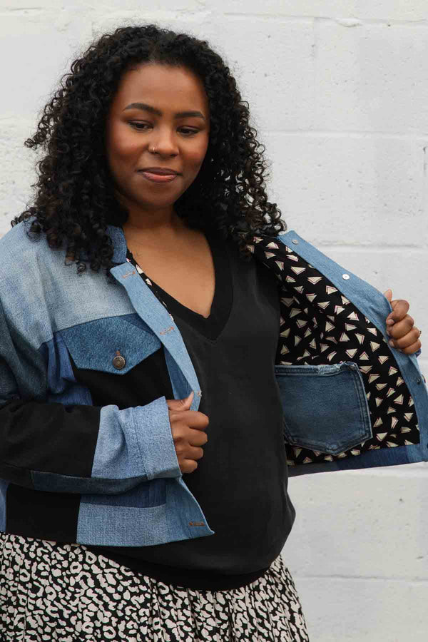 recycled denim, patchwork denim jacket, jean jacket, handmade patchwork, boxy oversized, Canadian tuxedo, locally made, secondhand first, handmade in Ottawa