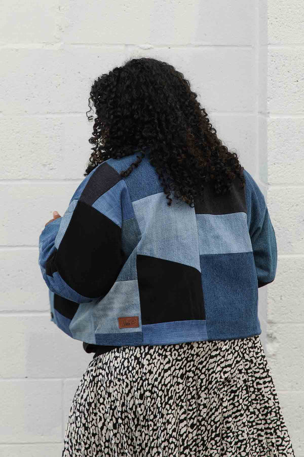 recycled denim, patchwork denim jacket, jean jacket, handmade patchwork, boxy oversized, Canadian tuxedo, locally made, secondhand first, handmade in Ottawa