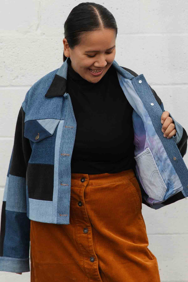 recycled denim, patchwork denim jacket, jean jacket, handmade patchwork, boxy oversized, Canadian tuxedo, locally made, secondhand first, handmade in Ottawa