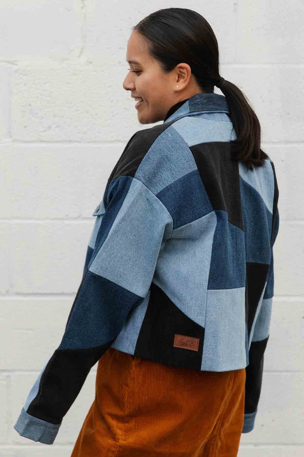 recycled denim, patchwork denim jacket, jean jacket, handmade patchwork, boxy oversized, Canadian tuxedo, locally made, secondhand first, handmade in Ottawa