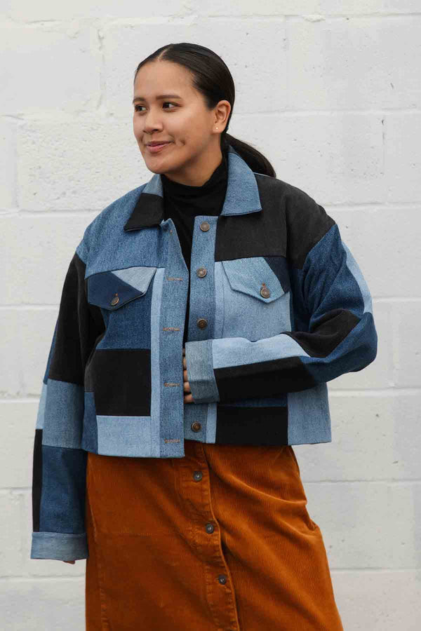 recycled denim, patchwork denim jacket, jean jacket, handmade patchwork, boxy oversized, Canadian tuxedo, locally made, secondhand first, handmade in Ottawa