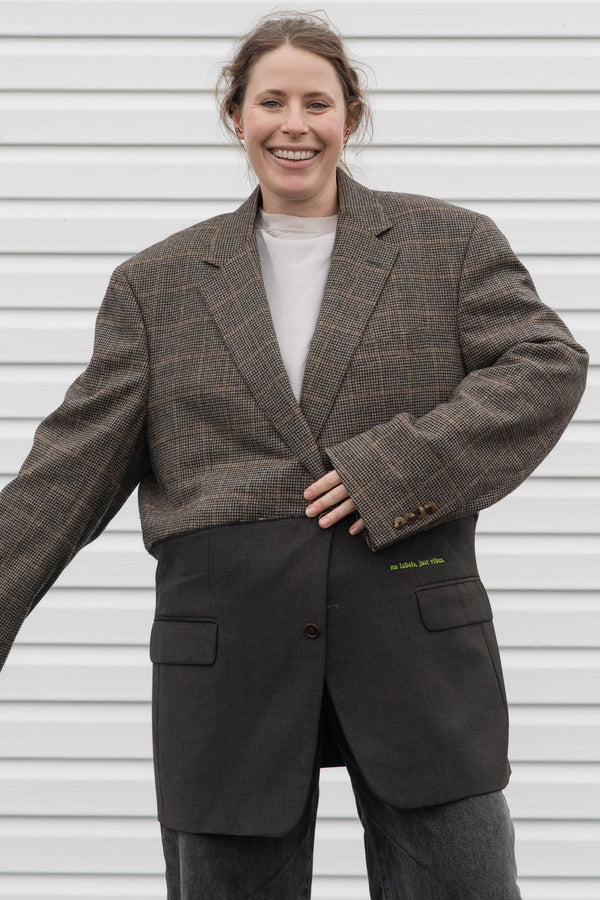 tweed blazer wtih green bottom, raw edges, upcycled in canada