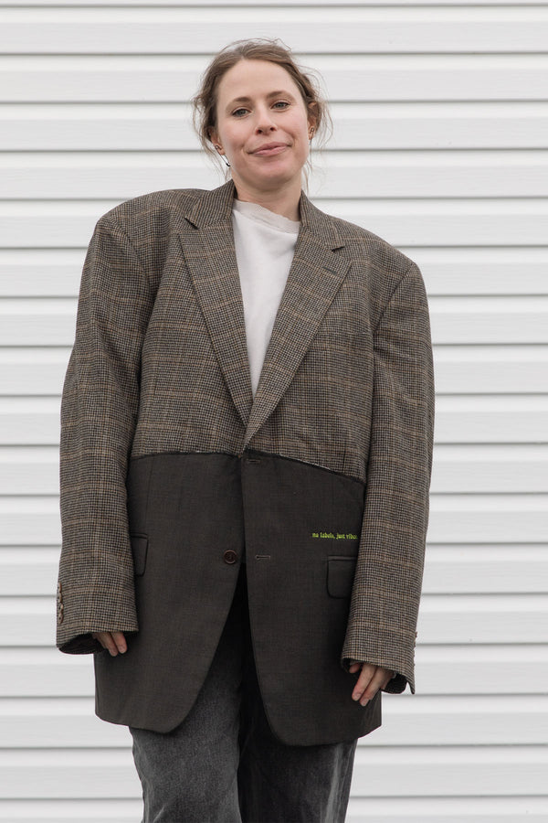 tweed blazer wtih green bottom, raw edges, upcycled in canada