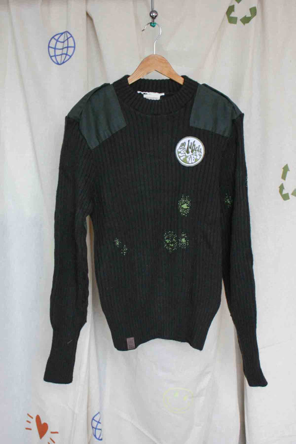 vintage army knit sweater, visible mending, upcycled clothing