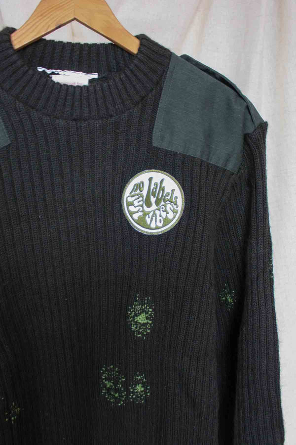 vintage army knit sweater, visible mending, upcycled clothing