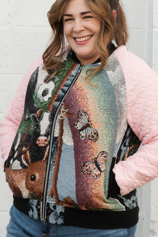 animal blanket turned bomber jacket, panda jacket, elephant jacket, upcycled jacket handmade in canada