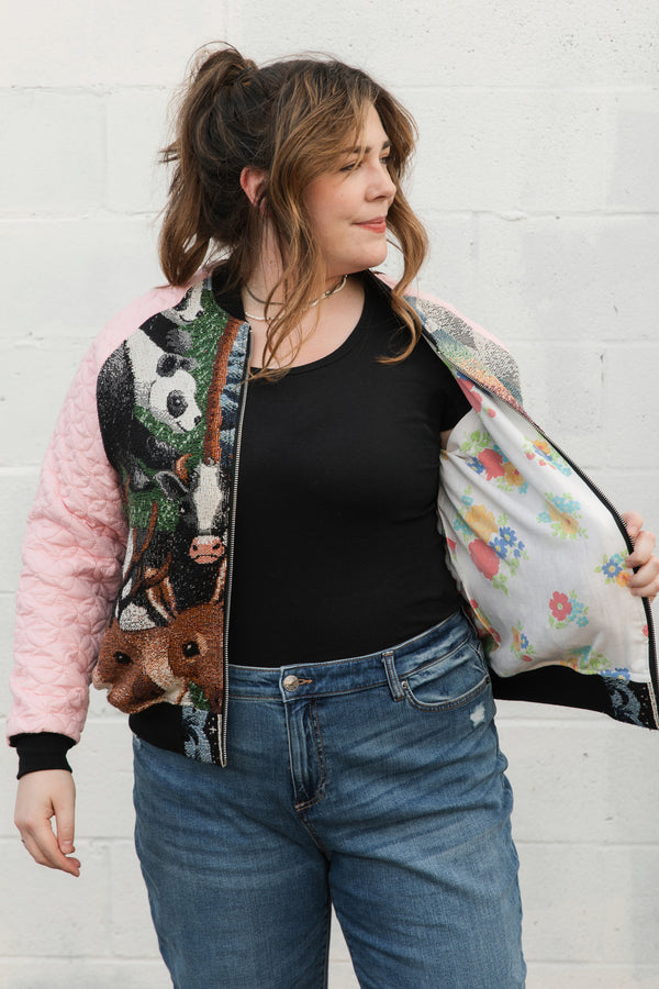 animal blanket turned bomber jacket, panda jacket, elephant jacket, upcycled jacket handmade in canada