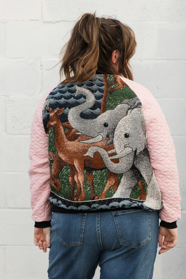 animal blanket turned bomber jacket, panda jacket, elephant jacket, upcycled jacket handmade in canada