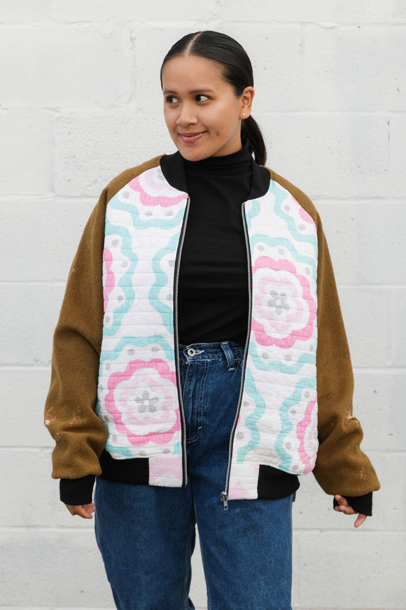 barbie inspired bomber jacket, upcycled quilt, handmade in canada