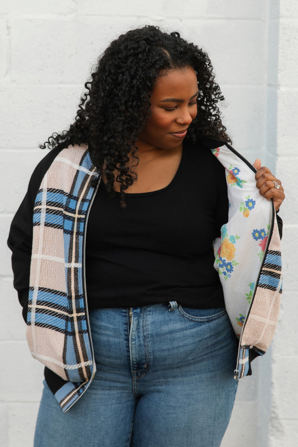 upcycled jacket, table clothing turned into bomber jacket, handmade in canada, blue black plaid