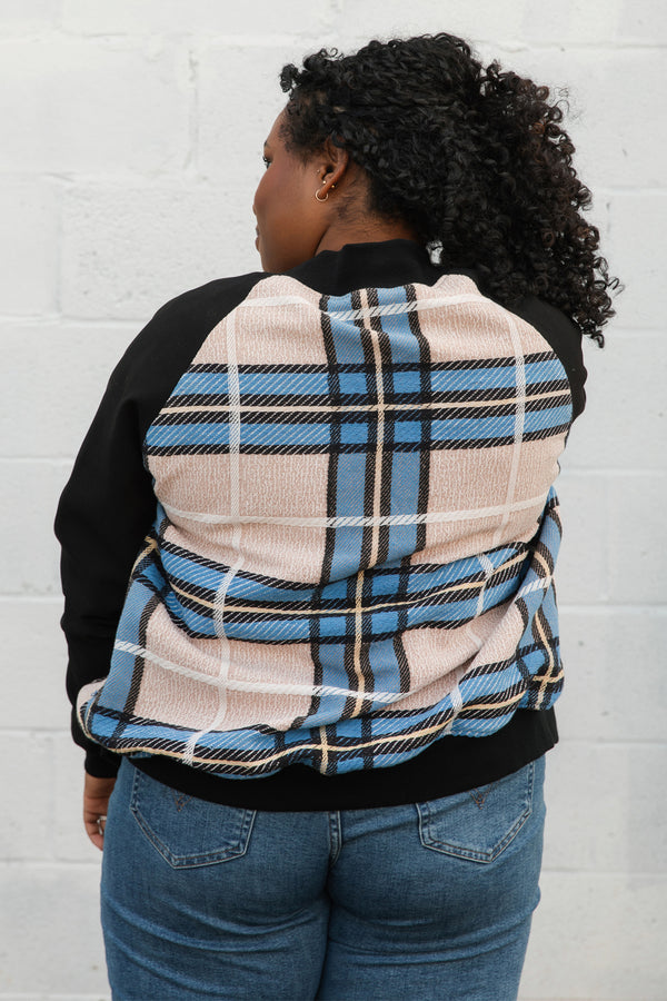 upcycled jacket, table clothing turned into bomber jacket, handmade in canada, blue black plaid