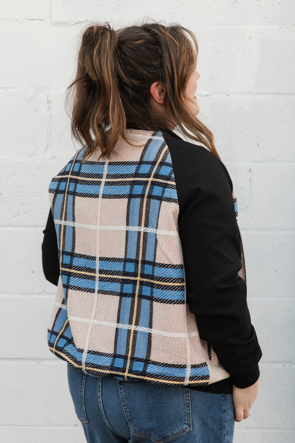 upcycled jacket, table clothing turned into bomber jacket, handmade in canada, blue black plaid