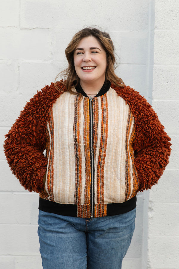 curtains and shag carpet upcycled into rockstar jacket, chic jacket, handmade in canada, conscious clothing