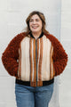 curtains and shag carpet upcycled into rockstar jacket, chic jacket, handmade in canada, conscious clothing