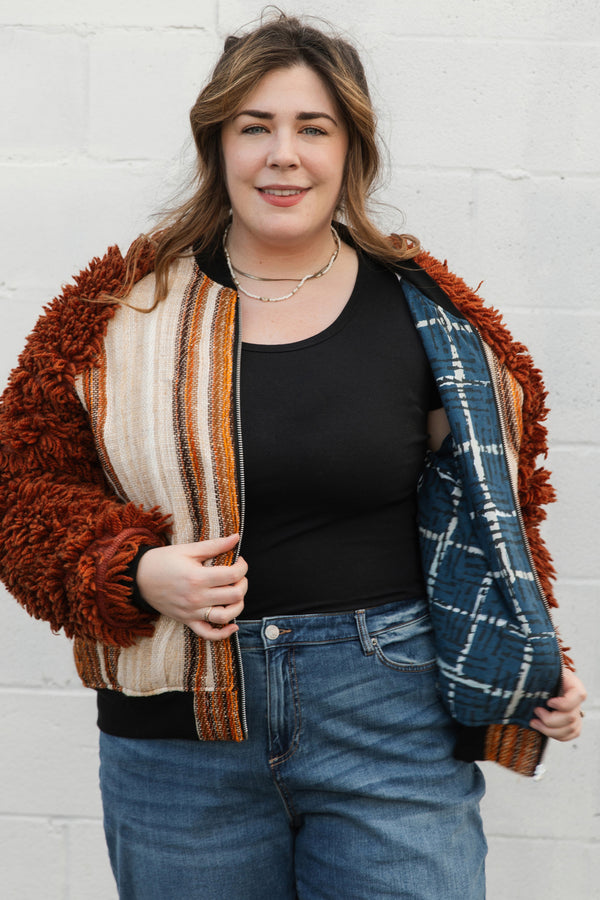 curtains and shag carpet upcycled into rockstar jacket, chic jacket, handmade in canada, conscious clothing