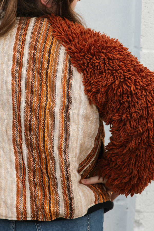curtains and shag carpet upcycled into rockstar jacket, chic jacket, handmade in canada, conscious clothing
