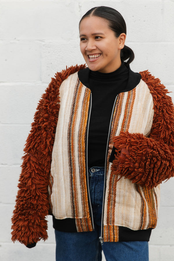 curtains and shag carpet upcycled into rockstar jacket, chic jacket, handmade in canada, conscious clothing