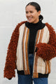 curtains and shag carpet upcycled into rockstar jacket, chic jacket, handmade in canada, conscious clothing