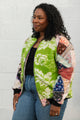 lime green floral bomber jacket with quilted patchwork sleeves, upcycled jacket, handmade in canada