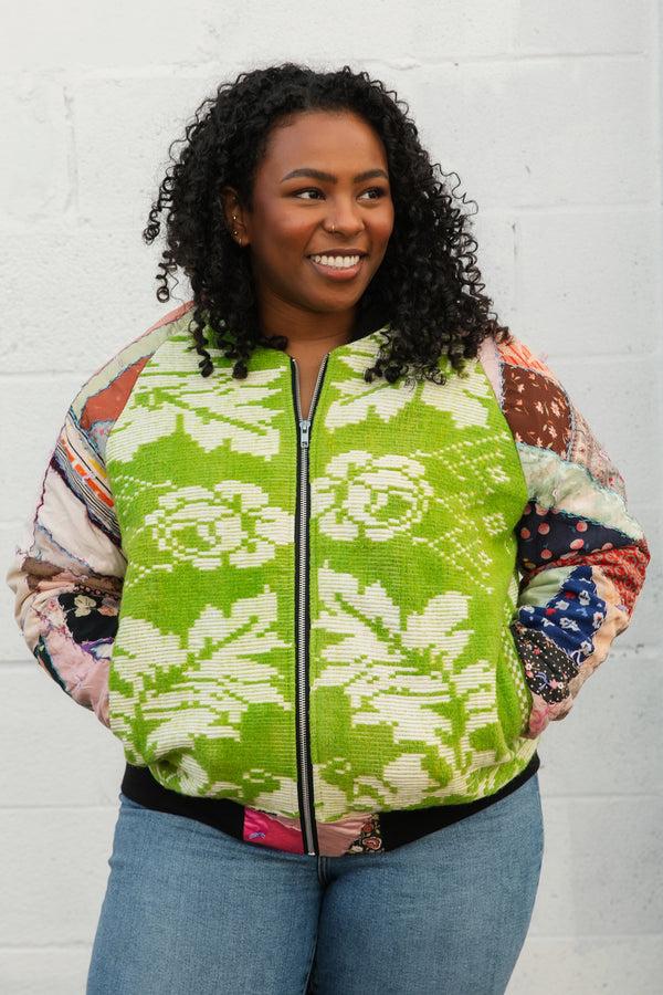 lime green floral bomber jacket with quilted patchwork sleeves, upcycled jacket, handmade in canada