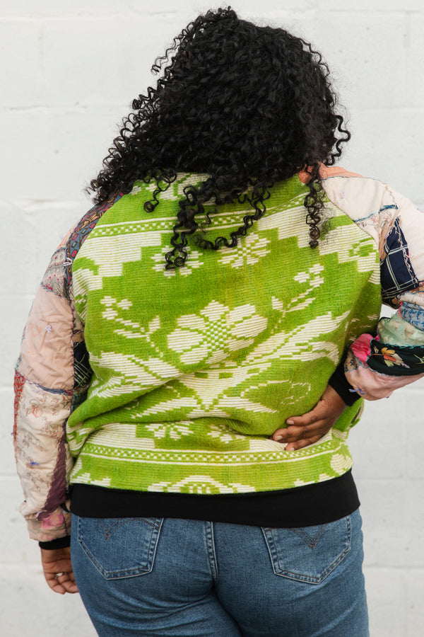 lime green floral bomber jacket with quilted patchwork sleeves, upcycled jacket, handmade in canada