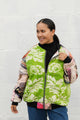 lime green floral bomber jacket with quilted patchwork sleeves, upcycled jacket, handmade in canada